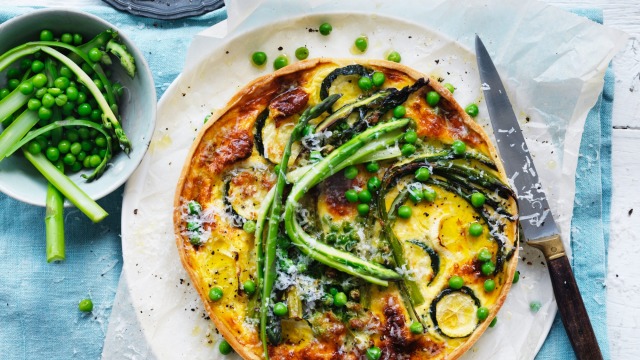 Asparagus, pea and buttermilk quiche. 