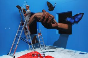 Danila Shmelev, an artist from Moscow, Russia, works on a 3-D picture in Dubai, United Arab Emirates, Monday, Feb. 27, ...