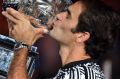 Australian Open 2017 Men?s Final. Roger Federer with the cup after beating Rafael Nadal on Rod Laver arena. 29th January ...
