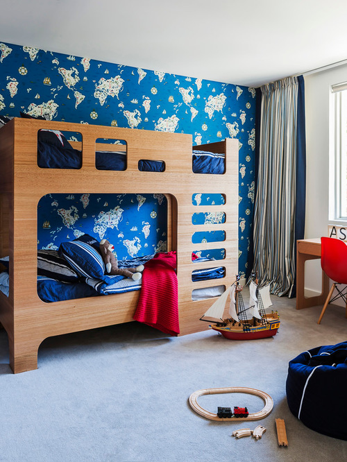 Contemporary kids' room in Sydney with blue walls and carpet for boys.