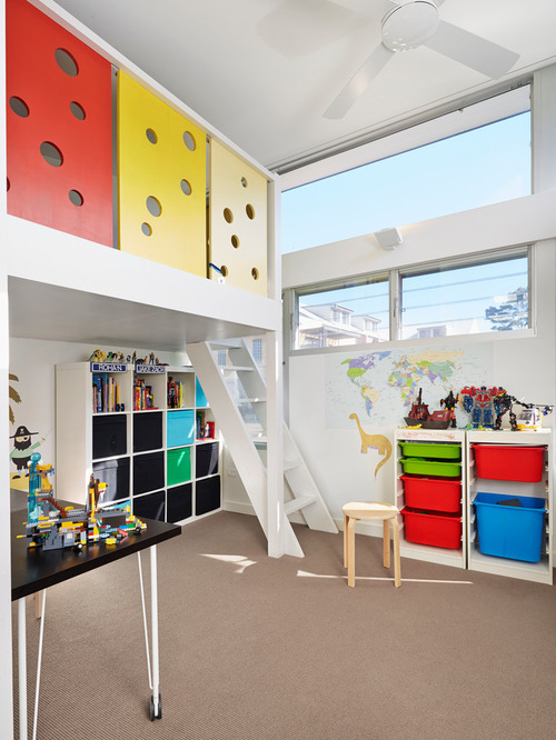 Design ideas for a contemporary gender-neutral kids' room in Sydney with carpet and white walls.