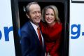 Bill Shorten and Chloe Shorten board the campaign bus on July 1, 2016 in Sydney.