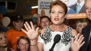 Pauline Hanson during her live crosses at the Melville Bowling Club in Perth.