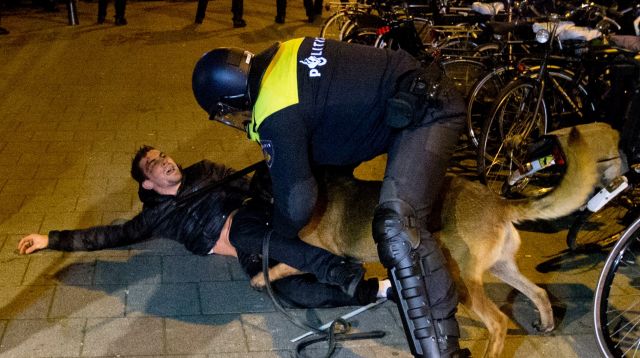 A Dutch riot policeman tries to get his dog to let go of a man after riots broke out at the Turkish consulate in Rotterdam.