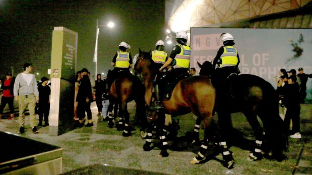 Mounted police bolstered the law and order at Federation Square.