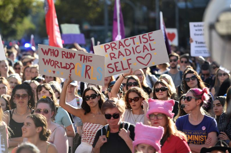 The International Womens Day march supporters march from Parliament to Trades Hall, Melbourne.