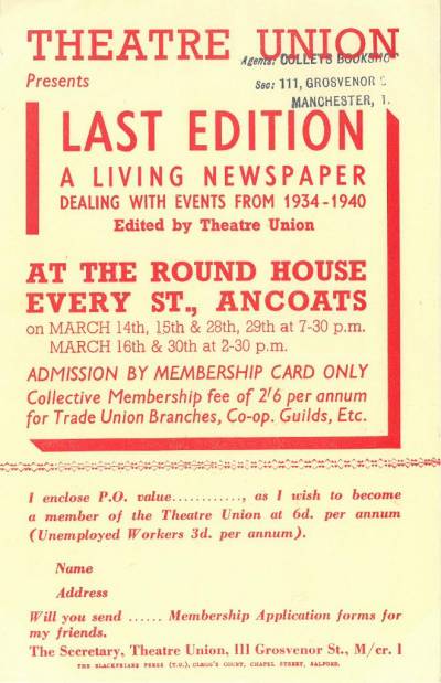 Flyer for a Theatre Union production of Last Edition: a living newspaper dealing with events from 1934-1940