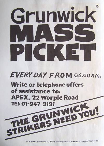 Flyer for the Grunwick mass picket organised by APEX