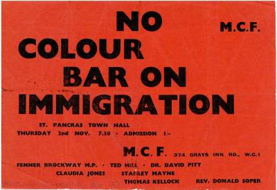 Flyer for a meeting No colour bar on immigration