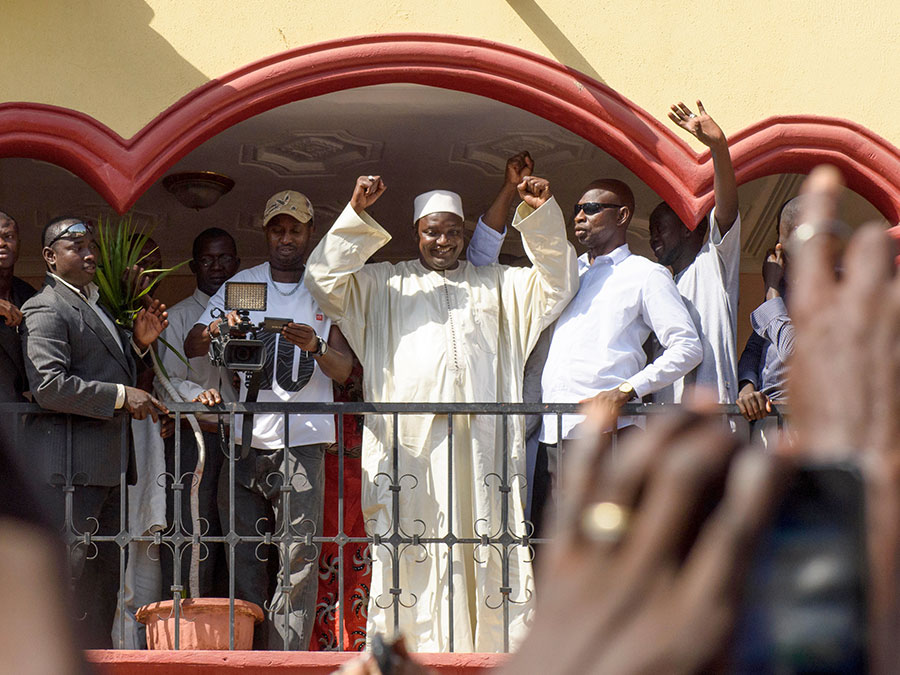 President-elect Adama Barrow waving to his supporters following his victory in the December 1, 2016, presidential election in The Gambia.