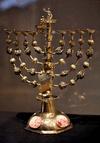 Hanukkah lamp, silver with enamel inlays on copper alloy by Johann Adam Boller (1679–1732), German, from Frankfurt am Main, 1706–32; in the Jewish Museum, New York City.