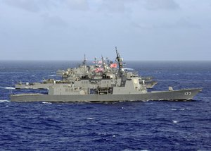 File - The Japan Maritime Self-Defense Force guided-missile destroyer JDS Atago (DDG 177) transits in formation with U.S. Navy and Japan Maritime Self-Defense Force ships during Annual Exercise 2011