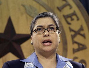 File - Rep. Jessica Farrar, D-Houston, chairwoman of the House Democratic Caucus, speaks during a news conference Thursday, April 2, 2009, in Austin, Texas.