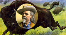 Buffalo Bill. William Frederick Cody. Circus poster, I am coming, Col. W.F. Cody. Portrait of Buffalo Bill (1846-1917) on stampeding bison (buffalo). Folk hero of the American West. Chromolithograph, c1900