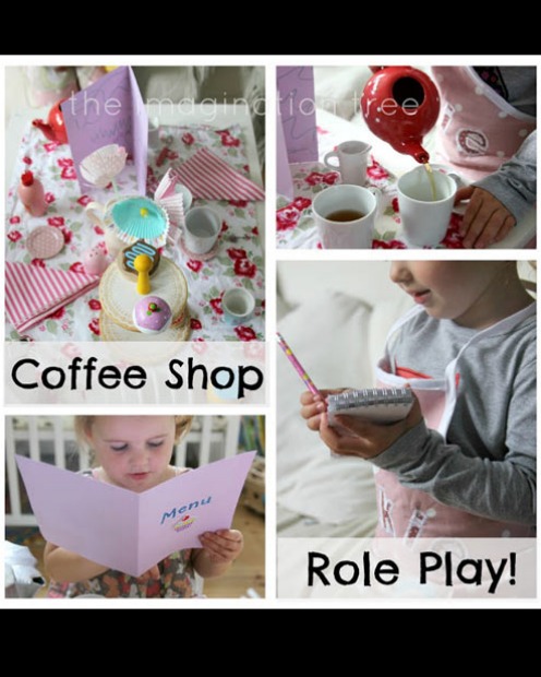 <b>Coffee shop</b><br> Set up a cafe or coffee shop scene for fun role-play - the waitress can 'make' food, write the ...