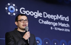 Google DeepMind CEO Demis Hassabis answers a reporter's question during a press conference after finishing the final match of the Google DeepMind Challenge Match against Google's artificial intelligence program, AlphaGo, in Seoul, South Korea, Tuesday, March 15, 2016.