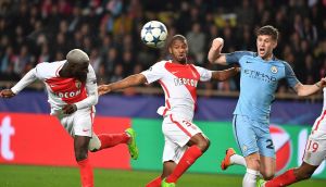 Monaco midfielder Tiemoue Bakayoko heads home his side’s third goal during the  Champions League round of 16  match against Manchester City  at the Stade Louis II. Photograph:  Pascal Guyot/AFP/Getty Images