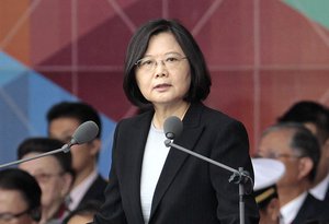 Taiwan's President Tsai Ing-wen delivers a speech during National Day celebrations in front of the Presidential Building in Taipei, Taiwan, Monday, Oct. 10, 2016.