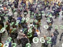 Binary code bursts from phones held by a crowd of people with an overlay of glowing electronic numbers