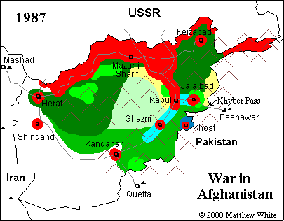 On the map above, you can see the political division of Afghanistan during the long war with the Soviet Union. You can also see the countries which bordered Afghanistan at that time: Pakistan, Iran, and the USSR. The red areas - which included most of the cities but not the countryside around them along with the territory that borders the USSR - were the areas under the control of the Soviet-backed Communist government, led by the 