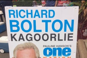 One Nation candidate for Kalgoorlie Richard Bolton's poster typo went viral on Election Day (Supplied: Suzie Williams)