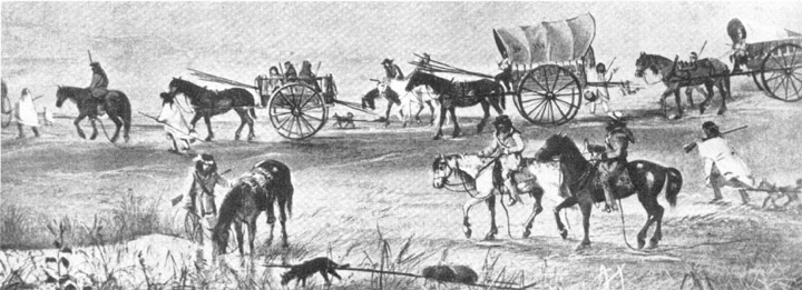 a caravan of buffalo hunters crosses the plains