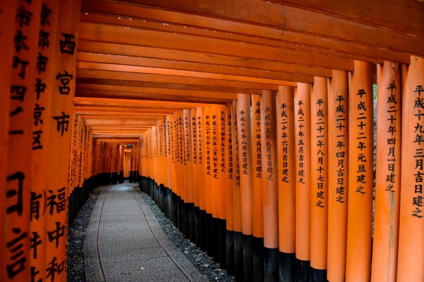 Fushimi Inari Taisha - the main Inari shrine just outside Kyoto, is comprised of a winding path around a mountain, lined ...