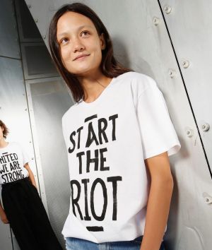 Models Nicola Clarke and Rachal Rutt show off some House of Riot T-shirts on Friday.