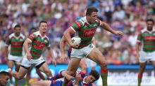 NEWCASTLE, AUSTRALIA - MARCH 18:  Sam Burgess of the Rabbitohs is tackled during the round three NRL match between the ...