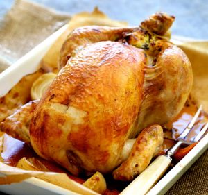 Adam Liaw's classic roast chicken with bread and butter stuffing.