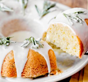 Yotam Ottolenghi's rosemary, olive oil and orange cake with crystalised rosemary sprigs.