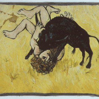 Arthur Boyd, Europa and the Bull 1952–53, painted and glazed earthenware, 31.6 x 41.4 cm, Heide Museum of Modern Art, Melbourne, Purchased from John and Sunday Reed 1980, © Courtesy Bundanon Trust