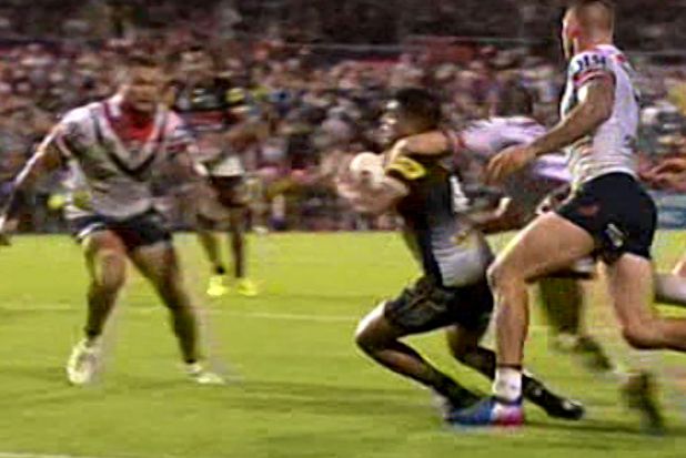 Escaped sanction: Michael Gordon with the controversial tackle on Tyrone Peachey.