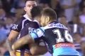 Impact: Alex Gleen and Sam Tagataese clash heads during the Sharks v Broncos match.