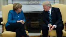 President Donald Trump meets with German Chancellor Angela Merkel in the Oval Office of the White House in Washington, ...