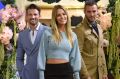 Jennifer Hawkins flanked by Kris Smith and Tim Robards on the runway at the Myer City store for the public preview of ...