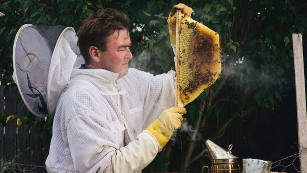 Cormac Farrell at his home in Evatt with one of the beehives he will be moving to Parliament House.