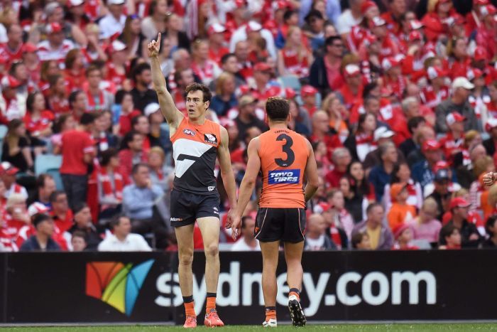 Jeremy Cameron celebrates a goal against Sydney