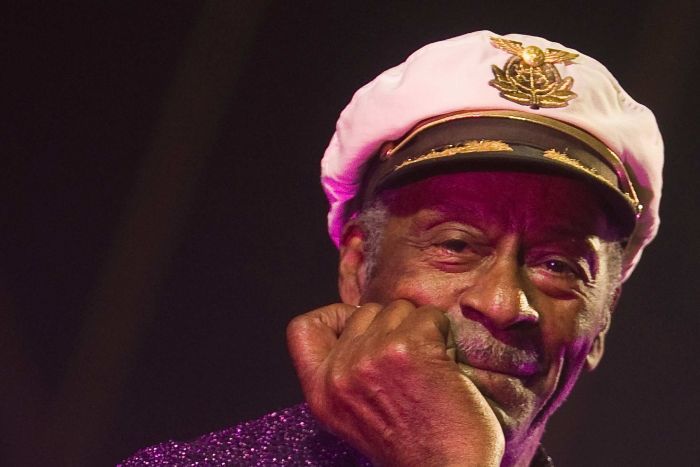 Rock and roll legend Chuck Berry poses for photographers during a concert in Spain