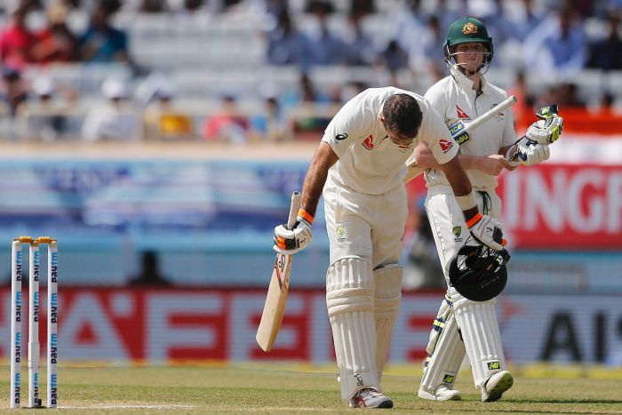 Steve Smith watches Glenn Maxwell acknowledge the crowd at Ranchi