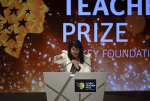 Canadian school teacher Maggie MacDonnell speaks after receiving the Global Teacher Prize in Dubai, United Arab Emirates