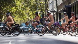 MELBOURNE, AUSTRALIA - MARCH 19: The Naked Bike Ride saw cyclists depart nude from Edinburgh Gardens in Fitzroy for an ...