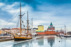 Beautiful view of the old town of Helsinki with famous Uspenski eastern orthodox cathedral church and old port in ...