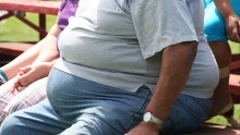 Obese man sits on bench.