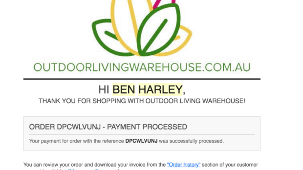 One of the confirmation emails Ben Harley received after paying for a Weber barbecue on Outdoor Living Warehouse, a scam ...