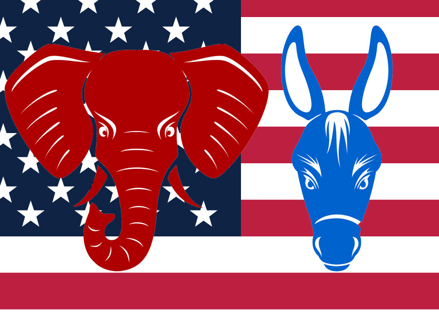 Republican and Democrat party mascots, united states, government, politics