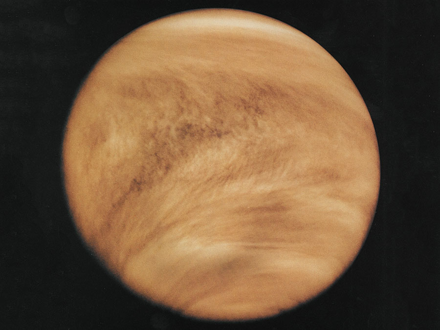 Venus photographed in ultraviolet light by the Pioneer Venus Orbiter (Pioneer 12) spacecraft, Feb. 26, 1979. Although Venus’s cloud cover is nearly featureless in visible light, ultraviolet imaging reveals distinctive structure and pattern, including global-scale V-shaped bands that open toward the west (left). Added colour in the image emulates Venus’s yellow-white appearance to the eye.