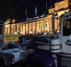 Trucks parked on Spring Street as part of mill closure protests.