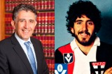 Federal Court judge, Mordecai 'Mordy' Bromberg, as he appears now, and as he appeared on a Scanlens footy card back in ...