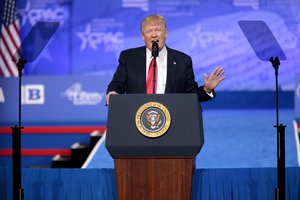 President of the United States Donald Trump speaking at the 2017 Conservative Political Action Conference (CPAC) in National Harbor, Maryland